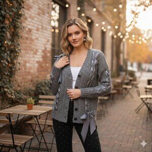 Moon River Hesper Heather Grey Cable Knit Lace-Up Cardigan Sweater One Size NWT